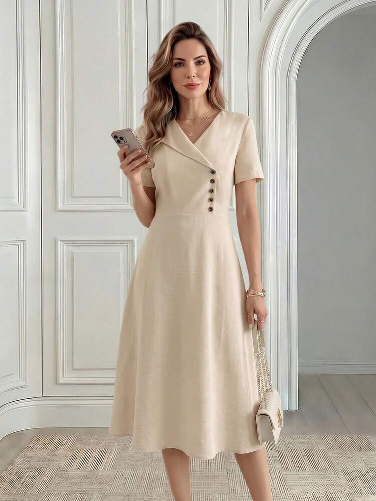 Summer New Women's V-Neck Design Faux Linen Short Sleeve Dress, Vacation Style A-Line Skirt Mid-Length Dress,Summer Dress,Holiday Outfits For Women