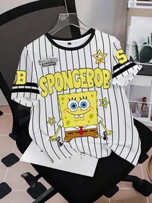 SpongeBob SquarePants | SHEIN 女款卡通圖案條紋短袖圓領T恤 - 白色 - 查看 3