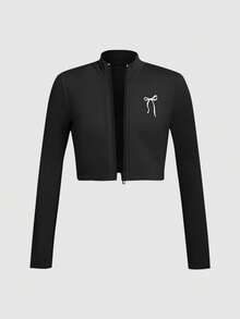 SHEIN Tween Girl Tween Girl Casual Daily Versatile Comfortable Slim Fit Solid Color Bow Embroidery Pattern Sportswear - Black - View 3