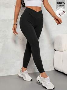 SHEIN PETITE Women's Solid Color V-Waist Elastic Skinny Pants - Black - View 5