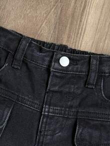 小男孩黑色鈕扣口袋休閒牛仔工裝褲 - 黑色 - 查看 8