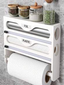 1 Roll Bamboo Cling Film Dispenser With Aluminum Foil Dispenser And Paper Towel Holder Space Saving Kitchen Wrap Organizer Rack For Kitchen Counter Drawer Back To School Season Durable Rust Proof Easy Cut Slider - Multicolor - View 10