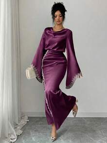 Modelyn 優雅長款杏色女裝洋裝，蕾絲袖口拼接設計，適合外出穿著 - Bold Plum - 查看 8