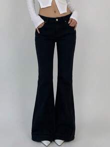 DAZY Women's Button Half-Placket Metal Buckle Decor Pocket Slimming Flare Jeans - Black - View 3