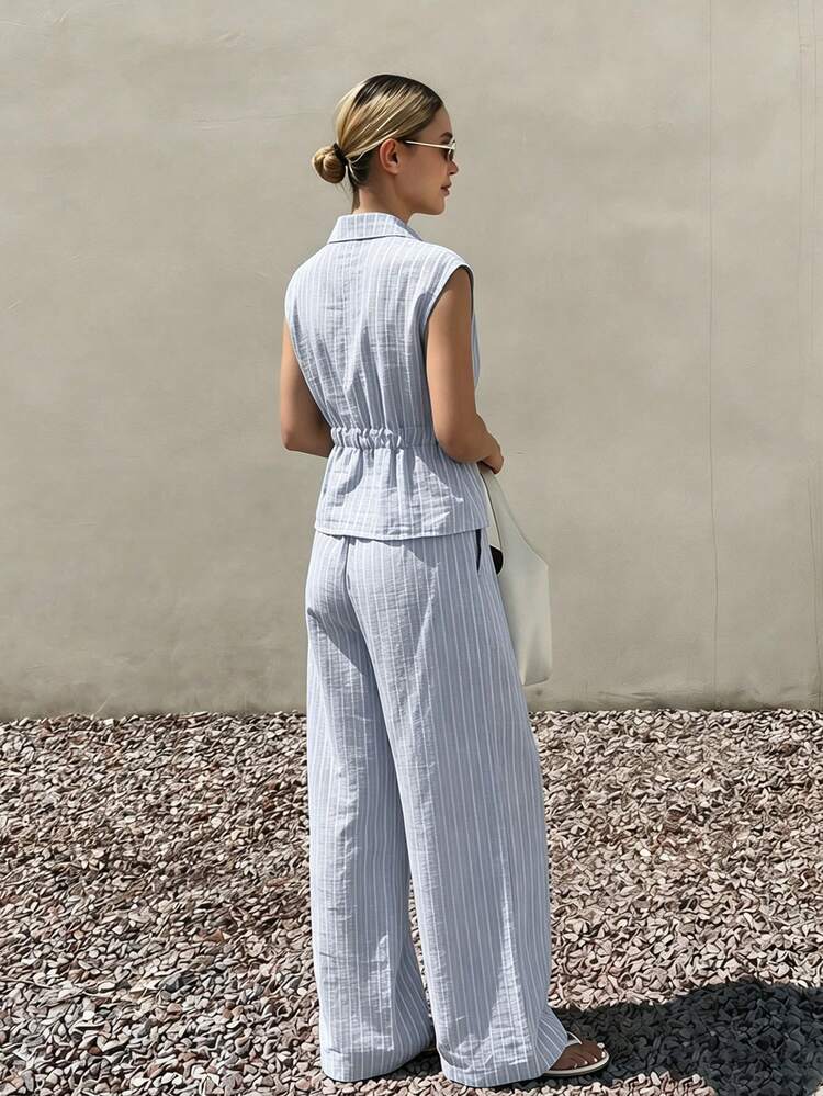 Women's Blue And White Stripe Bohemian Turndown Collar Cinched Waist Loose Pants,Relaxed Casual Summer Vacation Holiday Two Pieces Set,Lounge Sets