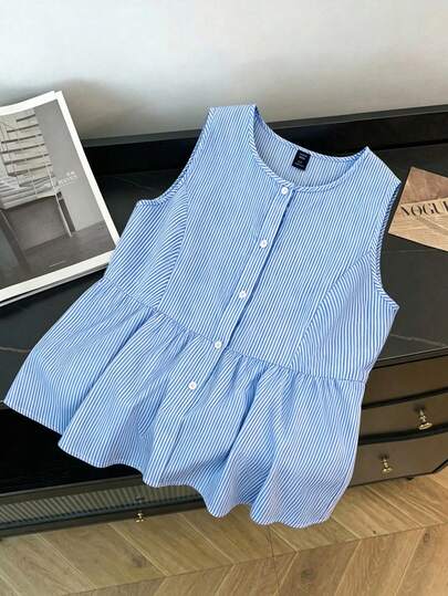 GlowEve CURVE Plus Size Summer Casual Striped Front Button Ruffle Hem Sleeveless Blouse