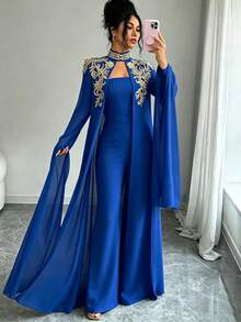 Elenzga Women's Gold Floral Embroidered Split Sleeve Cape And Bandeau Jumpsuit 2 Pieces Set - Navy Blue - View 8