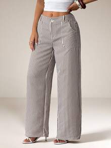 SHEIN PETITE Celana Panjang Lurus Pinggang Rendah Bahan Linen untuk Wanita Musim Panas Musim Gugur, Pakaian, Wanita Bertubuh Mungil - Khaki - View 2
