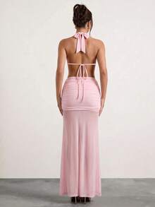Glamine 2026 Women's Elegant Mama Mia Sexy Criss-Cross Halter Neck Cut-Out Backless Hip Mesh Spliced Mermaid Ultra Long Dress Wedding Baby Pink Summer Party - Baby Pink - View 7