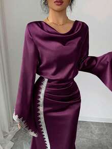 Modelyn 優雅長款杏色女裝洋裝，蕾絲袖口拼接設計，適合外出穿著 - Bold Plum - 查看 3