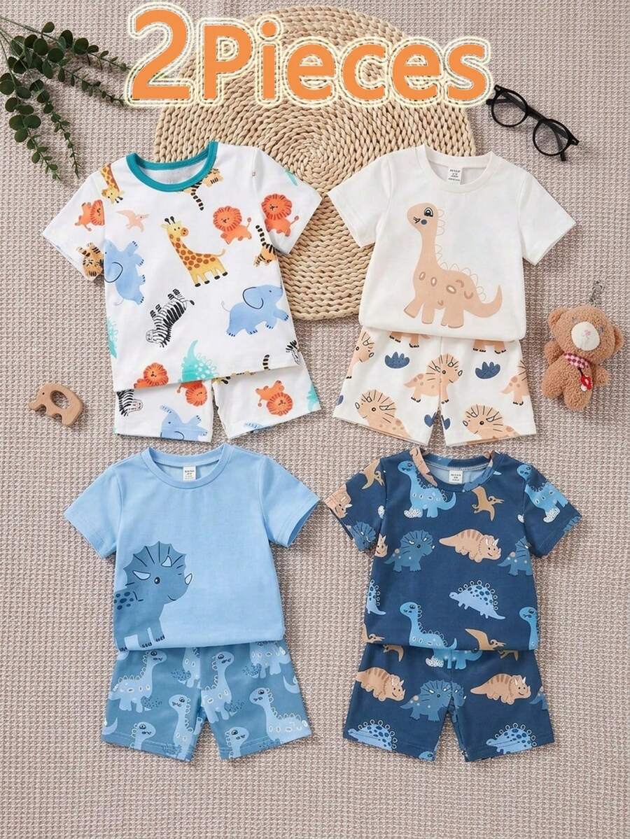 一套男婴动物园卡通服装，全身印有狮子、大象、鳄鱼、老虎等动物图案，白色底色搭配撞色绿色领子，采用柔软亲肤的针织面料，光滑舒适，可机洗。 - 彩色 - 查看 1