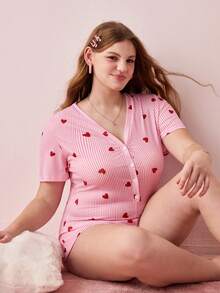 Bonmuse Plus Size Sexy Striped Heart Print Short Sleeve Jumpsuit - Pink - View 10