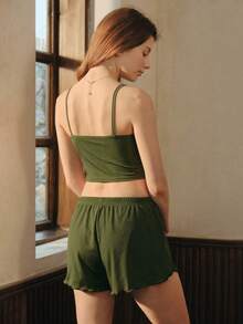 Bisouelle Women's Solid Color Simple Style Daily Cami Top & Shorts Set, Loungewear Outfit - Green - View 2