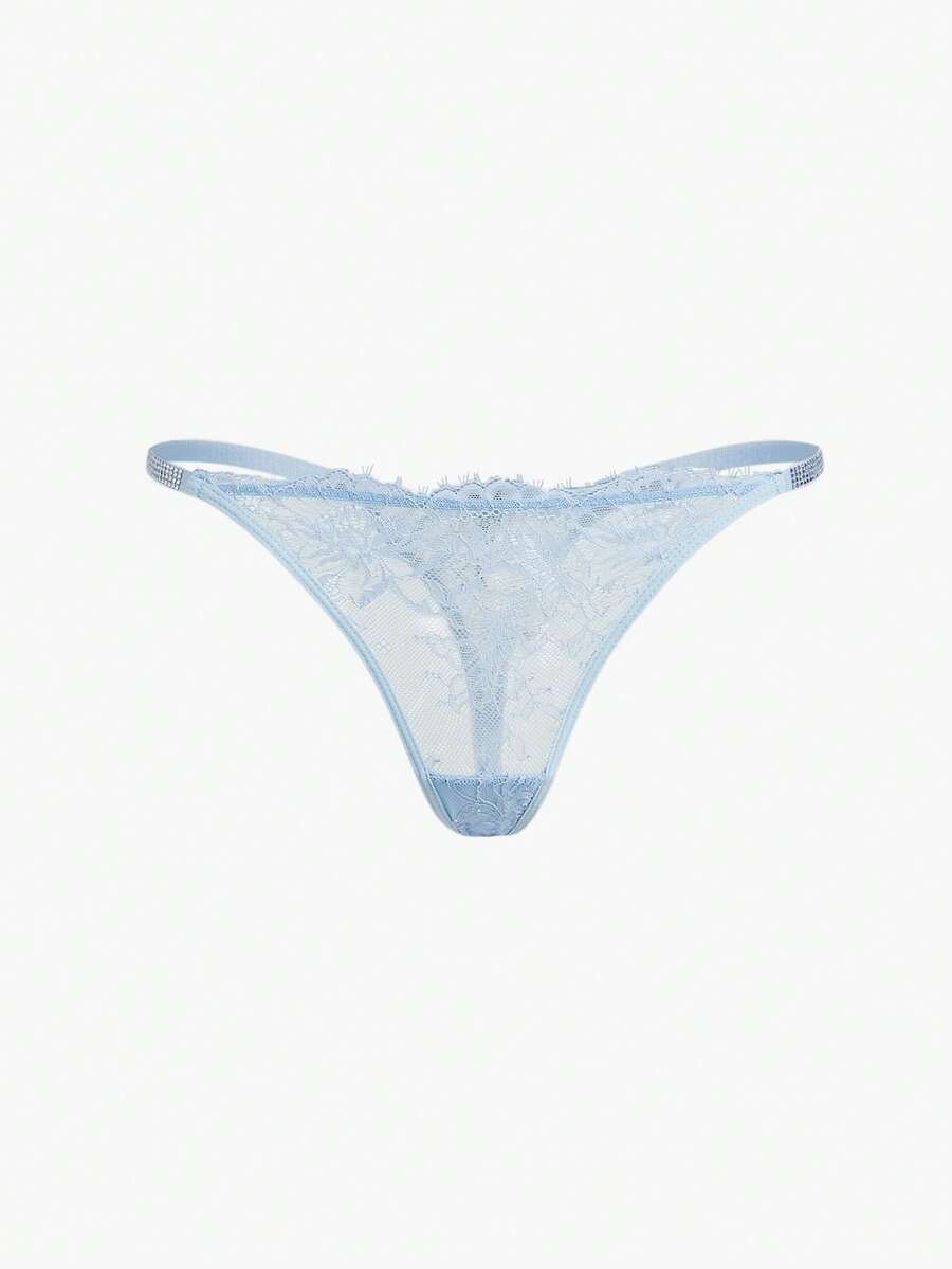 Bisouelle Floral Lace Rhinestone Studded Tape G-String Sexy Lingerie, Rave - Baby Blue - View 1