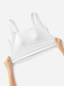 LUVLETTE Wireless Seamless 2-In-1 Built-In Square Neck Bra Cami Backless Longline Lounge Basic White Bra Tank Top - White - View 6
