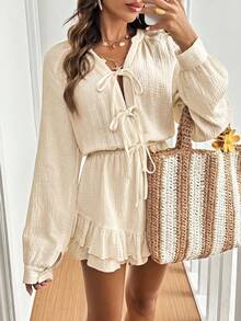 Serisse Women's Solid Color Lace-Up Long Sleeve Ruffle Summer Loose Comfortable Jumpsuit - Apricot - View 4