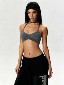 SHEIN Seamless Halter Neck Backless Ruched Solid Color Lace-Up Sports Tank Top - Dark Grey - View 5