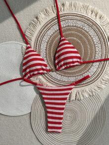 Swim Mod Women's 2026 Spring/Summer New Blue And White Striped Textured Fabric Small Sun Metal Decor V-Neck Backless Triangle Wrap Rope Studded Bikini Swimsuit 2-Piece Set - Red - View 3