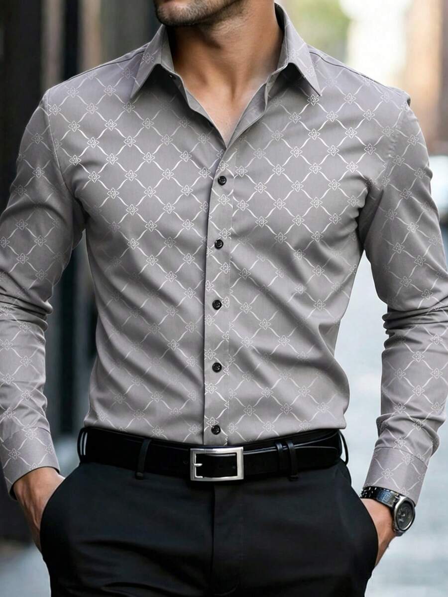 Manfinity Mode 男士长袖修身商务正装衬衫,纽扣开襟,男士长袖修身衬衫,男士休闲商务衬衫,秋季假日 - 淺灰色 - 查看 1