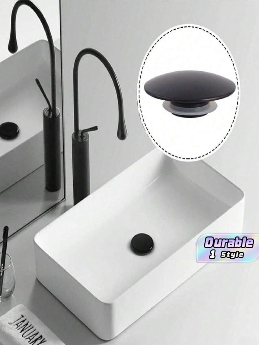 1 Matte Black Pop-Up Glass Basin Drain Stopper - Spring Type 36-38mm Universal Stainless Steel Cover, Modern Simple Bathroom Sink Accessory - Black - View 1