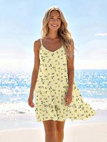 SHEIN LUNE Vestido camisola mini con estampado floral pequeño y volantes en el bajo para mujer - Multicolor - Ver 5
