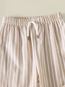 SHEIN Playful Pals Baby Boy Summer Casual Solid Color Shirt And Striped Pants Set - White - View 8
