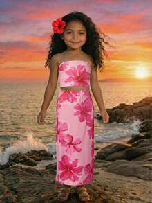 Young Girl Casual Vacation Floral Print Camisole Top And Floral Print Skirt Set - Pink - View 2