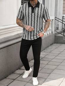 Manfinity CasualCool 男士拼色 Polo 衫，復古幾何提花休閒上衣，適合儀式場合 - 淺灰色 - 查看 4