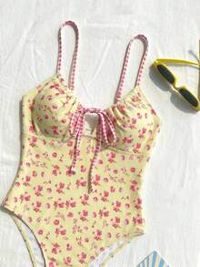 Swim Mod 女款夏季海灘碎花抽繩三角比基尼泳褲連身泳衣，甜美可愛碎花設計 - 淡黃色 - 查看 4