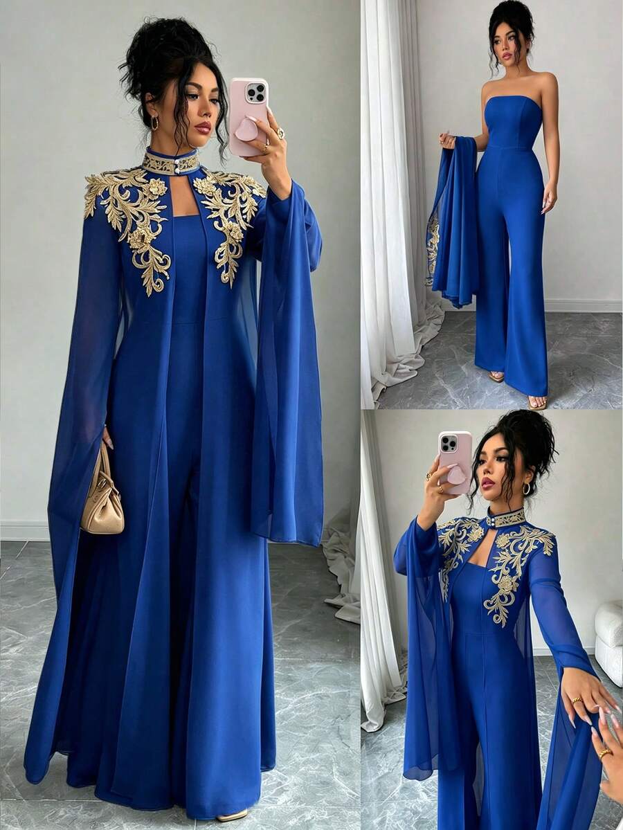 Elenzga Women's Gold Floral Embroidered Split Sleeve Cape And Bandeau Jumpsuit 2 Pieces Set - Navy Blue - View 1