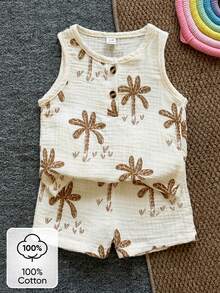 SHEIN Playful Pals 男嬰夏季白色與綠色活力俏皮鱷魚印花無袖背心與短褲套裝，寬鬆舒適版型，適合日常外出、學校活動、家庭聚會、戶外玩耍及拍照 - 卡其色 - 查看 4