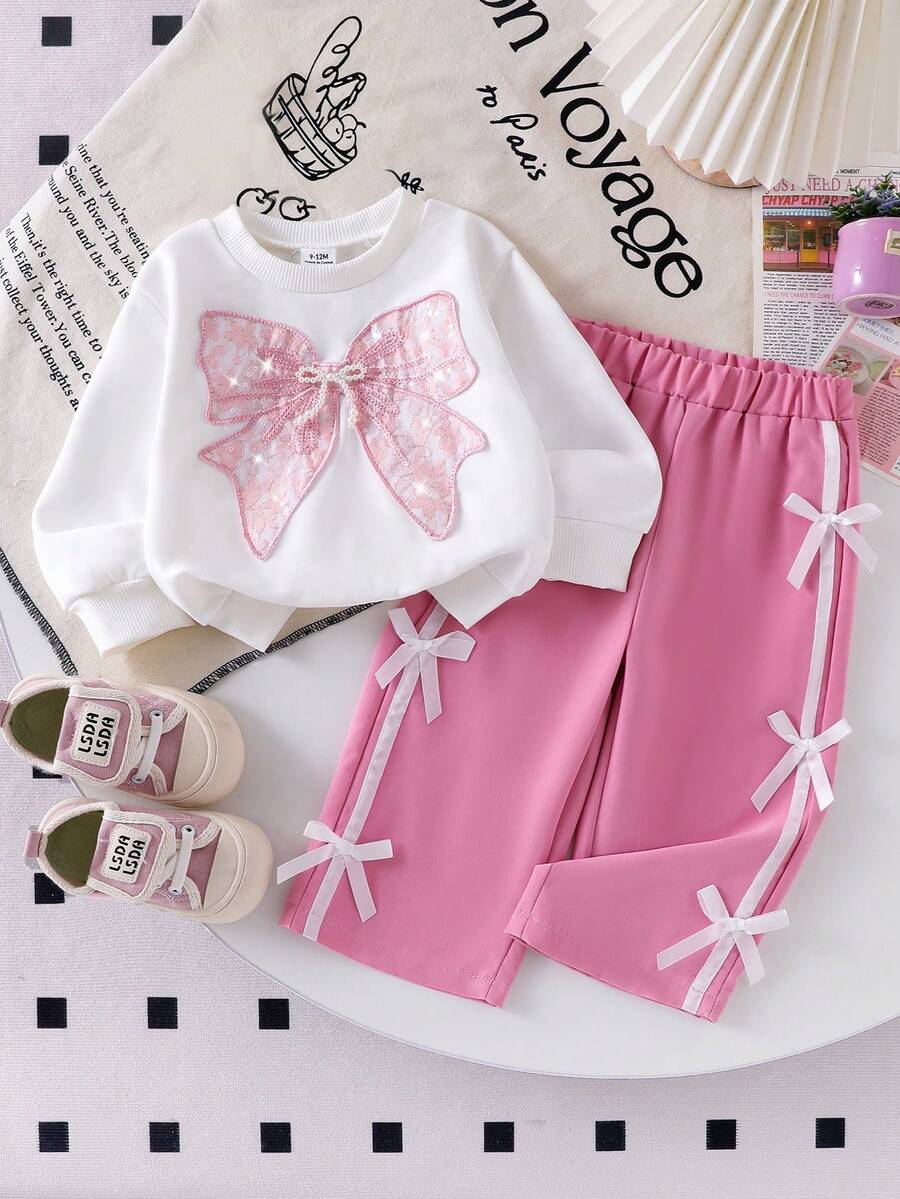 SHEIN 2件套女婴/幼儿针织圆领T恤和蝴蝶亮片装饰针织腰带蝴蝶结系带裤套装，时尚运动服，秋冬季