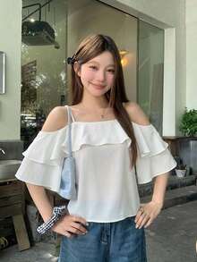 DAZY Contrast Mesh Short Sleeve Round Neck Ruffle Trim Women's Blouse Summer - White - View 3