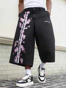 PAVTROS Men's Black Summer Streetwear 3/4 Pants,Cherry Blossom & English Text Print Y2K Skateboarding City Break Flower Girl Casual Skateboard Gift Pants - Black - View 8