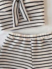 SHEIN Tween Girl Front Knot Striped Tube Top And Shorts Set - White - View 3