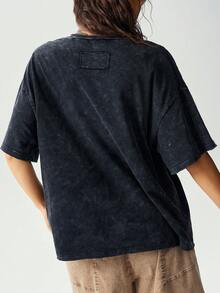 Bohemela Casual Graphic Grunge Solid Color Knit Round Neck Short Sleeve Loose Washed Women's T-Shirt Music Grey Summer - Black - View 8