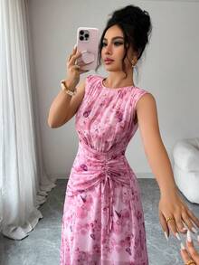 Elenzga Women's Casual Elegant Butterfly Print Chiffon Round Neck A-Line Elastic Waist Maxi Dress, Ruched Drawstring Waist Design, Lightweight Loose, Romantic Vintage Style, French Romantic Sicilian Elegant Dress, Suitable For Casual Office Vacation Afternoon Tea Party, Beach, Vacation, Office Commute And Other Summer Wear. - Pink - View 3