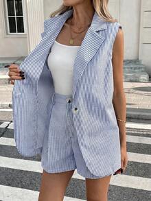 Easowa 2件組女款休閒條紋翻領短褲口袋套裝，商務休閒辦公穿搭，春季女裝，女款居家休閒套裝，秋冬老錢風 - 淺藍色 - 查看 11