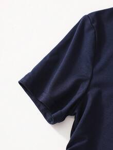 2pcs Tween Girls Casual Sports Style Navy Blue Pony Print Short Sleeve Long Pants Round Neck Thin Daily Casual Summer Two Pieces Set - Navy Blue - View 4