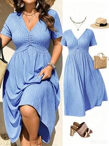 Elenzga Plus Size Elegant Casual V-Neck Ruched Design Short Sleeve Jacquard Knit Dress For Women - Blue - View 5
