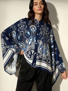 Frievida Kemeja Wanita Gaya Liburan Lengan Panjang Longgar dengan Desain Blok Warna Vintage Elegan untuk Komuter dan Syal Persegi di Bagian Bawah Lengan. - Navy Blue - View 4