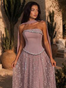 Glamrae Elegant Queen Princess Luxurious Handmade Diamond Pearl Sequin Mesh Patchwork Knit Maxi Dress Chiffon Flounce Graduation Formal Gala Dinner Pink Fall - Dusty Pink - View 10