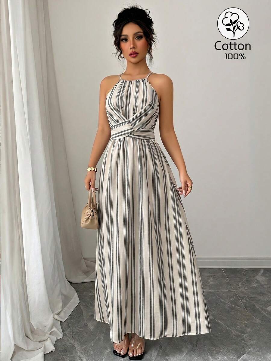 Elenzga Women's Spring/Summer Fashion Elegant Halter Neck Open Shoulder Waist-Cinched Twist Design Black & White Color-Block Asymmetrical Print A-Line Maxi Dress - Multicolor - View 1