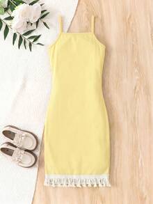 Emery Rose Kids Emery Rose Kids 年轻女孩/年轻女孩优雅印花露背修身度假连衣裙，吊带蝴蝶结喇叭裙摆设计，休闲日常街头服饰 - 黃色 - 查看 6