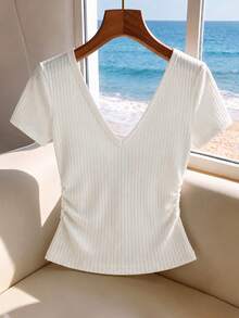 GlowEve Pure White Vertical Ribbed V-Neck Gold Button Short Sleeve T-Shirt Slim Fit Waist-Defining Bust Line Knit Top Side Ruched Design French Fashion Casual - White - View 2