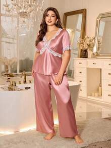 SHEIN 優雅緞面蕾絲交叉短袖大尺碼睡衣套裝 - 藕粉色 - 查看 5