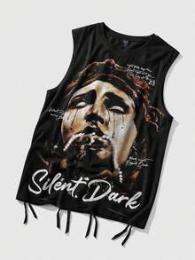ROMWE MEN Street Life Camiseta de tirantes con cuello redondo y gráfico de retrato de calle para hombre, con efecto desgastado - Negro - Ver 7