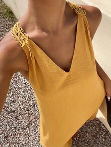 DAZY Solid Color Loose Cami Dress With Contrast Lace Casual Boho Vacation Elegant Summer Women's Dress Sundress Beach Golden Yellow - Yellow - View 7