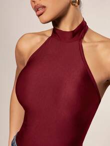 Hauture Women's Sexy Solid Color Backless Halter Neck Bodysuit For Summer - Red - View 6