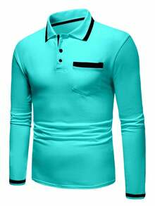 Manfinity Homme Men's Spring/Autumn Casual Colorblock Trim Polo Shirt, Formal - Mint Blue - View 3